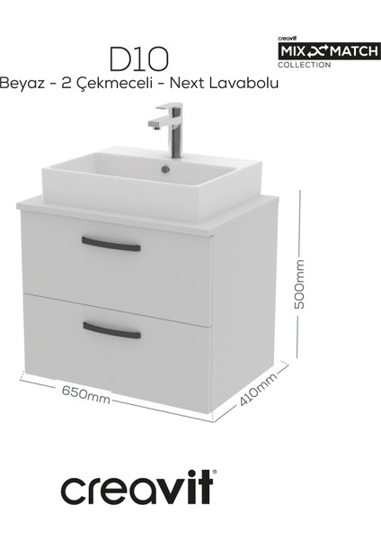 D10 Next Lavabo Dolabı Iki Çekmeceli 65 cm Beyaz