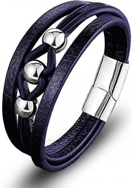 Çelik Top ve Lacivert Deri Bileklik 9594B8D3