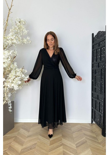 G1594 Payet Detaylı Şifon Abiye Ebise Siyah
