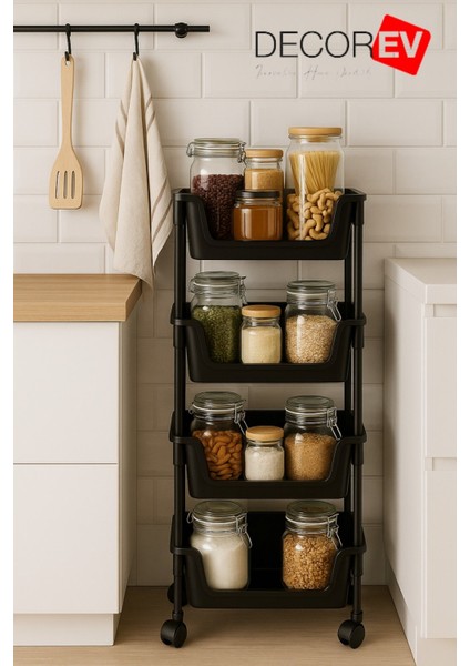 4 Katlı Tekerlekli Plastik Organizer Raf – Çok Amaçlı Mutfak, Banyo ve Ofis Düzenleyici (Siyah) DC-6824