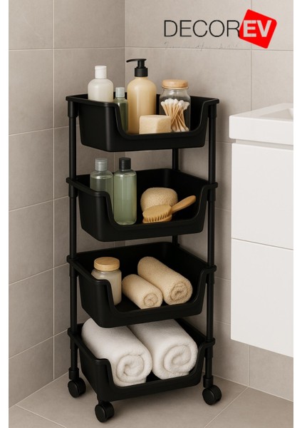 4 Katlı Tekerlekli Plastik Organizer Raf – Çok Amaçlı Mutfak, Banyo ve Ofis Düzenleyici (Siyah) DC-6824 fiyatları