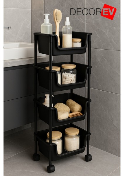 4 Katlı Tekerlekli Plastik Organizer Raf – Çok Amaçlı Mutfak, Banyo ve Ofis Düzenleyici (Siyah) DC-6824 modelleri