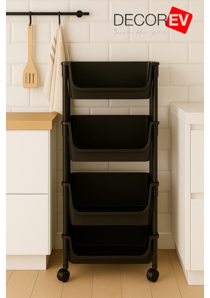4 Katlı Tekerlekli Plastik Organizer Raf – Çok Amaçlı Mutfak, Banyo ve Ofis Düzenleyici (Siyah) DC-6824 fırsatları