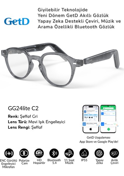 GG24C2 Getd Akıllı Gözlük – Çeviri, Müzik ve Arama Özellikli Bluetooth Gözlük