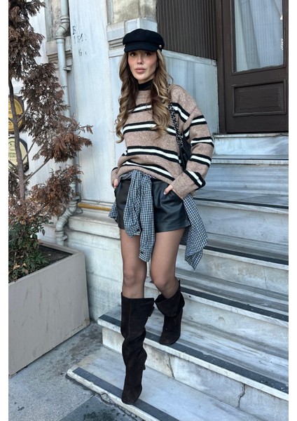 Kahverengi Renkli Çizgili Oversize Triko Kazak - 2516