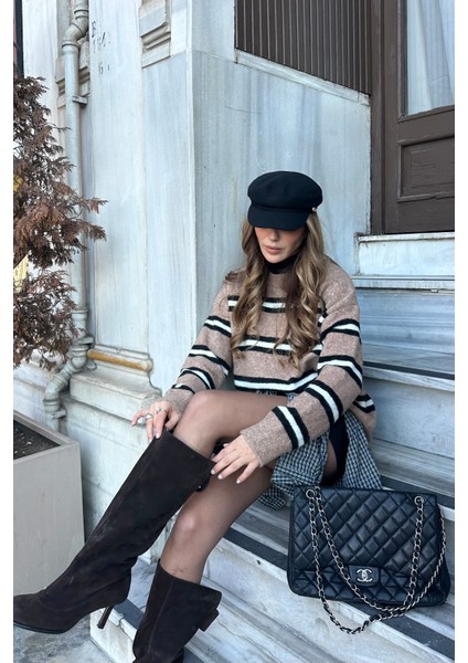 Kahverengi Renkli Çizgili Oversize Triko Kazak - 2516 modelleri