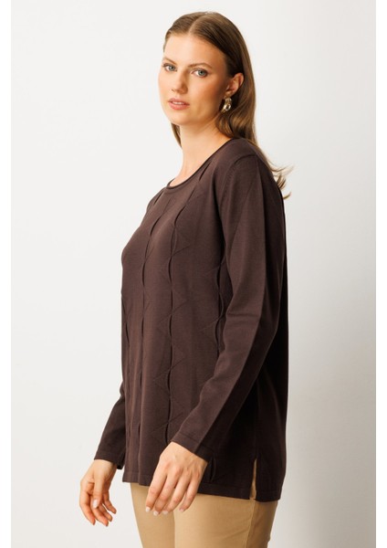 Kadın Büyük Beden Kendinden Desenli Triko Kazak 65329 Kahverengi fiyatları