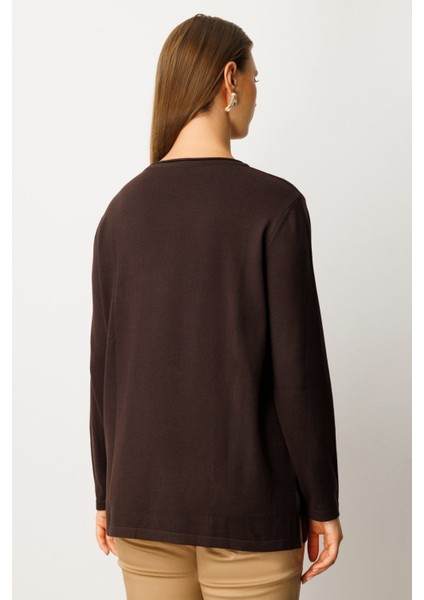 Kadın Büyük Beden Kendinden Desenli Triko Kazak 65329 Kahverengi fırsatları