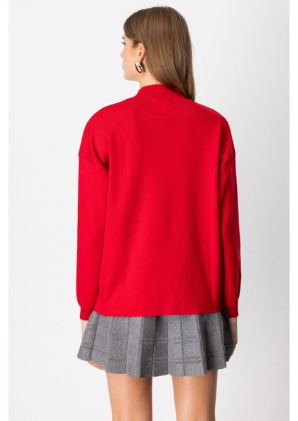 Kadın Dik Yaka Asimetrik Kesim Triko Kazak 65343 Kırmızı fırsatları