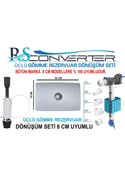 Rsconverter Gömme Rezervuar Üçlü Dönüşüm Seti Tamir ve Değişim Kiti 8 cm Gömme Rezervuarlar İçin Uyumludur