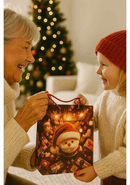 3 Boyutlu Büyük Noel Babalı Yılbaşı Temalı Hediye Paketi & Çanta & Poşet 40*30*12 cm
