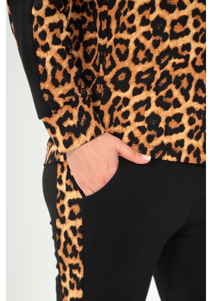 Kadın Büyük Beden Siyah Ön Fermuarlı Leopar Detaylı Eşofman Takım 65N38697 fırsatları