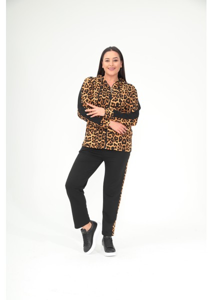 Kadın Büyük Beden Siyah Ön Fermuarlı Leopar Detaylı Eşofman Takım 65N38697 indirimleri