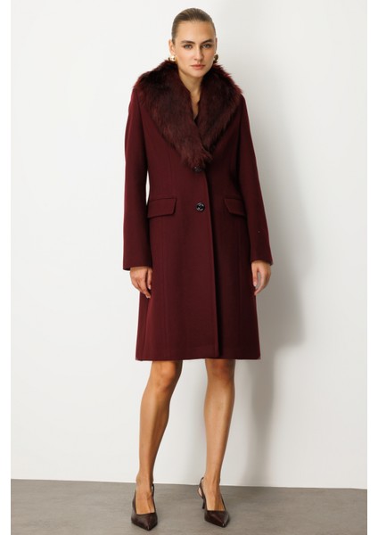 Kadın Yakası Kürklü Kapak Cepli Kaban 6065 Bordo