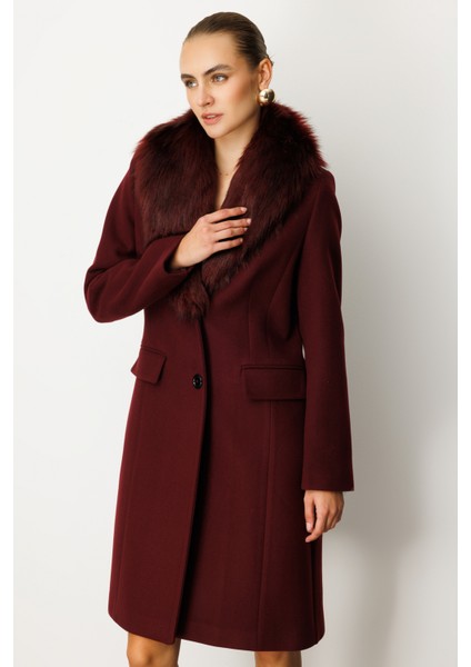 Kadın Yakası Kürklü Kapak Cepli Kaban 6065 Bordo modelleri