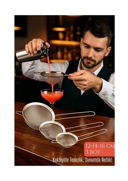 3’lü Bar Süzgeci Seti – 12-14-16 cm Çaplı Paslanmaz Çelik | Kokteyl ve Mutfak Için