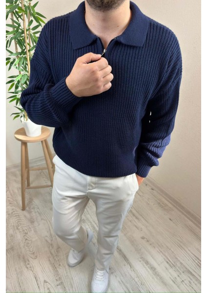 Erkek Lacivert Fermuarlı Polo Yaka Oversize Triko Kazak modelleri