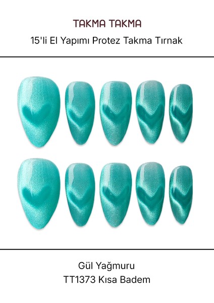 15'li Yeşil Kısa Badem TT1373 Tekrar Kullanılabilir El Yapımı Protez Takma Tırnak - Yeşil-L