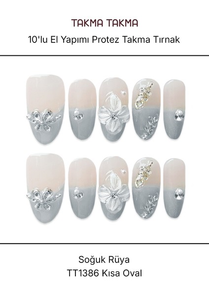 10'lu Mavi Kısa Oval TT1386 Tekrar Kullanılabilir El Yapımı Protez Takma Tırnak - Mavi-S