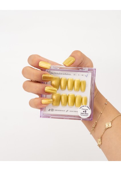 15'li Kısa Kare Sarı TT1310 Tekrar Kullanılabilir El Yapımı Protez Takma Tırnak - Ten Rengi-Sarı-XS