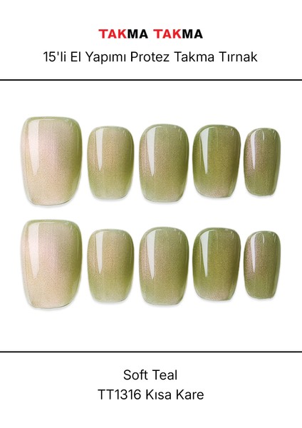 15'li Yeşil Kısa Kare TT1316 Tekrar Kullanılabilir El Yapımı Protez Takma Tırnak - Yeşil-S