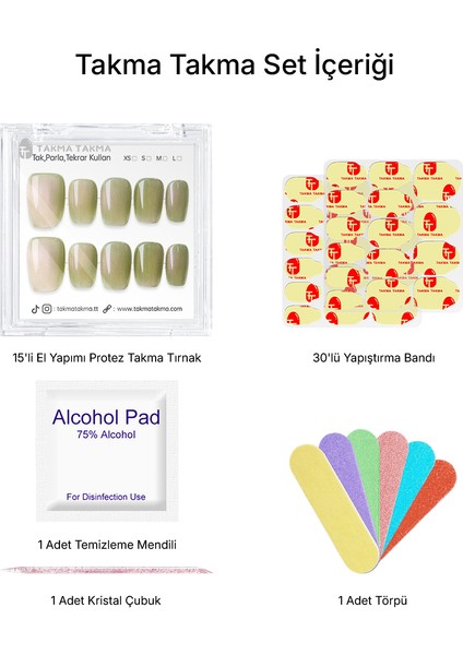 15'li Yeşil Kısa Kare TT1316 Tekrar Kullanılabilir El Yapımı Protez Takma Tırnak - Yeşil-S fiyatları