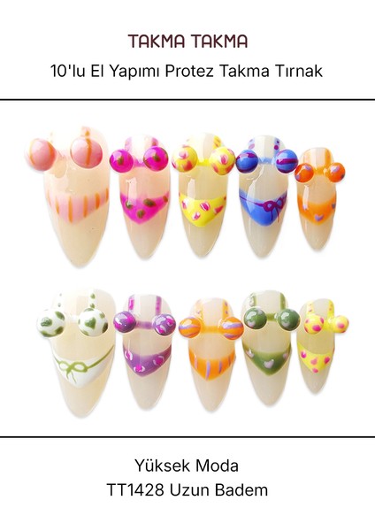 10'lu Renkli Uzun Badem TT1428 Tekrar Kullanılabilir El Yapımı Protez Takma Tırnak - Renkli-M