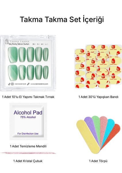 15'li Yeşil Orta Kare TT1304 Tekrar Kullanılabilir El Yapımı Protez Takma Tırnak - Yeşil-M fiyatları