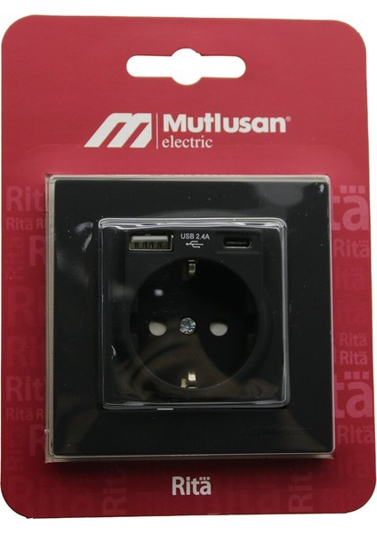 Mutlusan RİTA-2220 629 0284 Blisterli - Kartlı Siyah - USB + Type-C &amp;apos; Li Topraklı Priz Çerçeveli (4172)