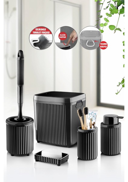 5 Parça Siyah Click Kapaklı Silikon Fırçalı Taşıma Kulplu Banyo Seti – 5 Litre
