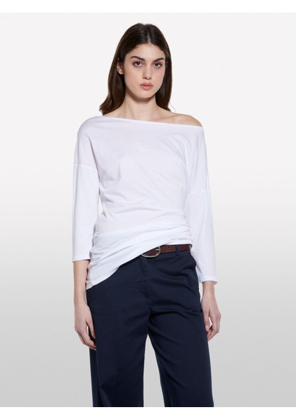 Modal Karışımlı Kayık Yaka Regular Fit T-Shirt Kadın Beyaz T-Shirt - 325P3QU4L12EE