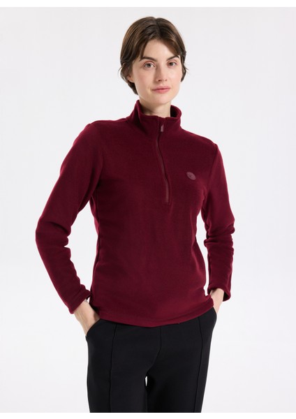 D5WL-SWT3302 Bordo Fermuarlı Yaka Basic Düz Kadın Polar Sweatshırt modelleri