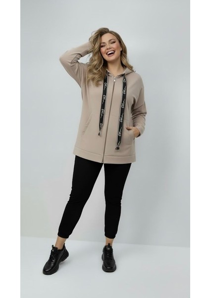 Kadın Büyük Beden Uzun Kollu Kapüşonlu Fermuar Detaylı Sweatshirt 2007