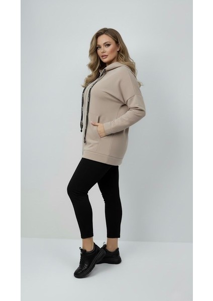 Kadın Büyük Beden Uzun Kollu Kapüşonlu Fermuar Detaylı Sweatshirt 2007 fiyatları