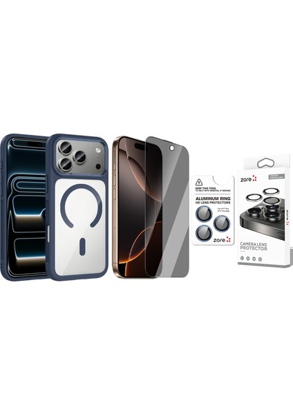 iPhone 17 Pro Max Kılıf M-Safe Şarj Özellikli Metal Kamera Çerçeveli Zore Tiko Kapak + Safir Kamera Lens + Hayalet Ekran Koruyucu