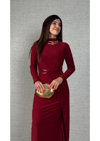 Kadın Balıkçı Yaka Toka Detay Sandy Kumaş Midi Boy Elbise modelleri