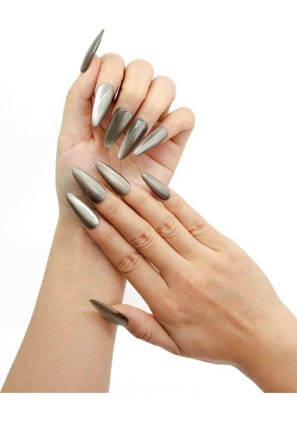 10'lu Gri Uzun Badem TT1014 Tekrar Kullanılabilir El Yapımı Protez Takma Tırnak - Gri-S modelleri