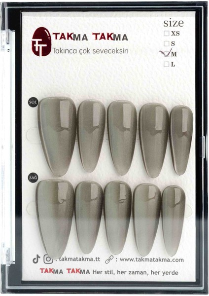 10'lu Gri Uzun Badem TT1014 Tekrar Kullanılabilir El Yapımı Protez Takma Tırnak - Gri-S indirimleri