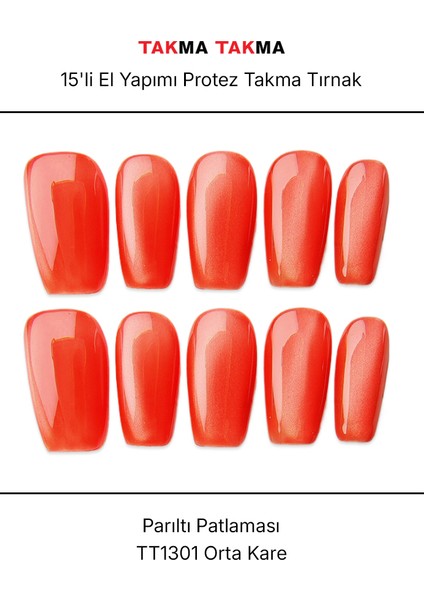 15'li Kırmızı Orta Kare TT1301 Tekrar Kullanılabilir El Yapımı Protez Takma Tırnak - Kırmızı-M