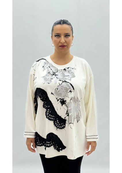 Büyük Beden Viskon Taşlı Uzun Kol Oversize Kadın Bluz