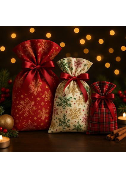 Yılbaşı Temalı Kumaş Hediye Kesesi 3’lü Set – Kırmızı, Ekoseli ve Kar Tanesi Desenli
