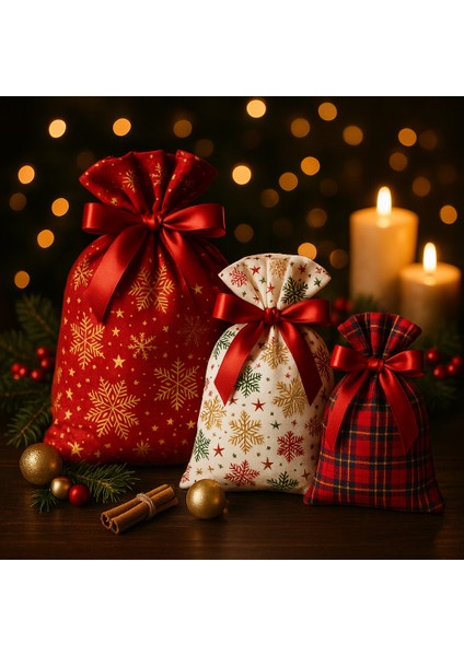 Yılbaşı Temalı Kumaş Hediye Kesesi 3’lü Set – Kırmızı, Ekoseli ve Kar Tanesi Desenli fiyatları