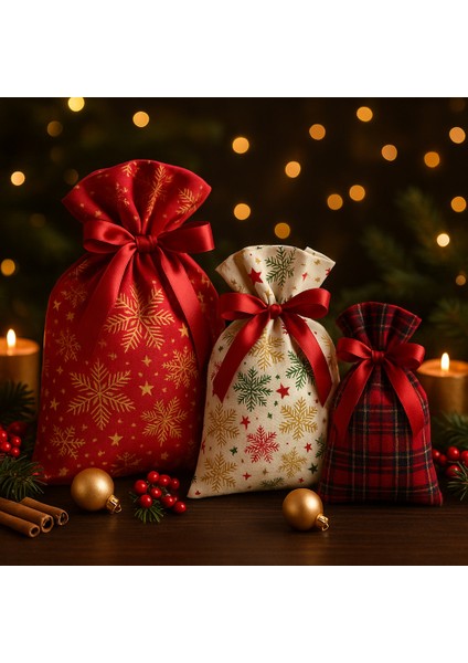 Yılbaşı Temalı Kumaş Hediye Kesesi 3’lü Set – Kırmızı, Ekoseli ve Kar Tanesi Desenli modelleri