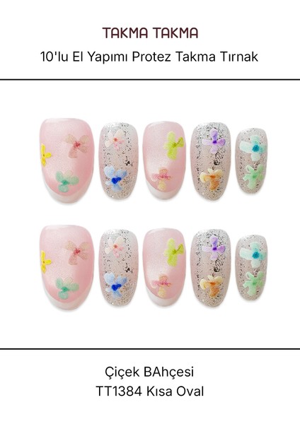 10'lu Renkli Kısa Oval TT1384 Tekrar Kullanılabilir El Yapımı Protez Takma Tırnak - Renkli-XS