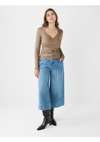 Vizon Dar Kesim Asimetrik Yaka Uzun Kollu Örme Bluz