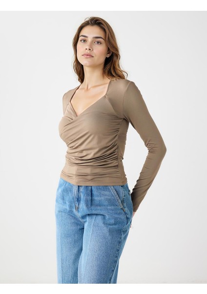 Vizon Dar Kesim Asimetrik Yaka Uzun Kollu Örme Bluz modelleri