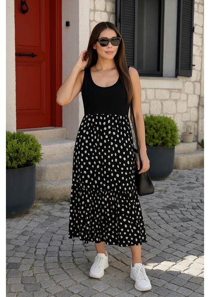 Kadın Askılı Yuvarlak Yaka Üst Viskon Alt Desenli Bürümcük Elbise