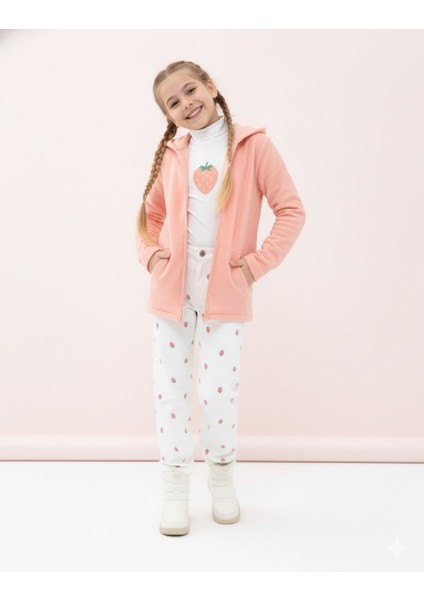 Kız Çocuk Pudra Polar Kapüşonlu Hırka Fermuarlı Uzun Kollu Yumuşak Çocuk Ceketi - Kız Çocuk Polar Hırka