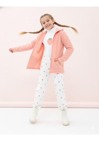 Kız Çocuk Pudra Polar Kapüşonlu Hırka Fermuarlı Uzun Kollu Yumuşak Çocuk Ceketi - Kız Çocuk Polar Hırka