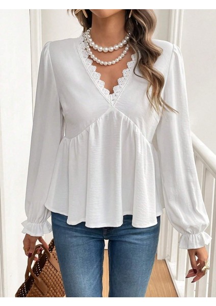 Kadın Uzun Kollu V Dantel Yaka Aerobin Bluz modelleri